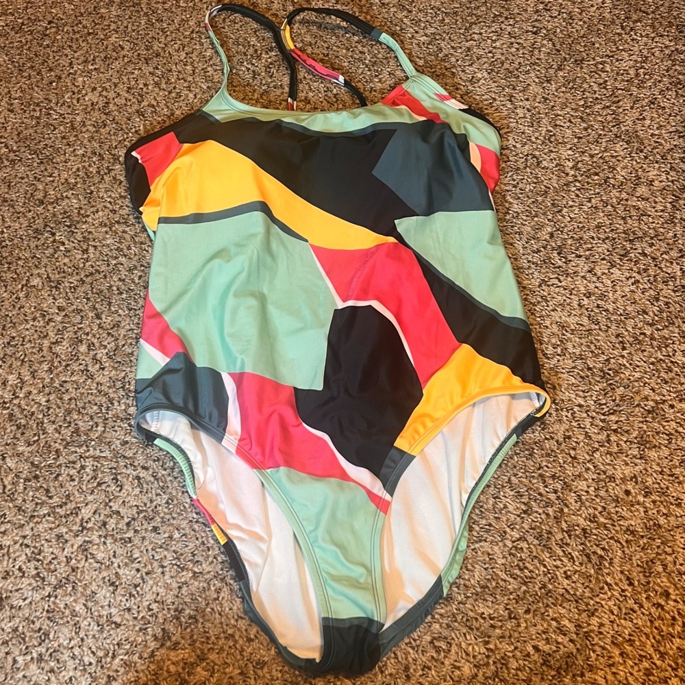 Xersion Women's‎ XXL One Piece Swimsuit Colorful Geometric Crisscross Back